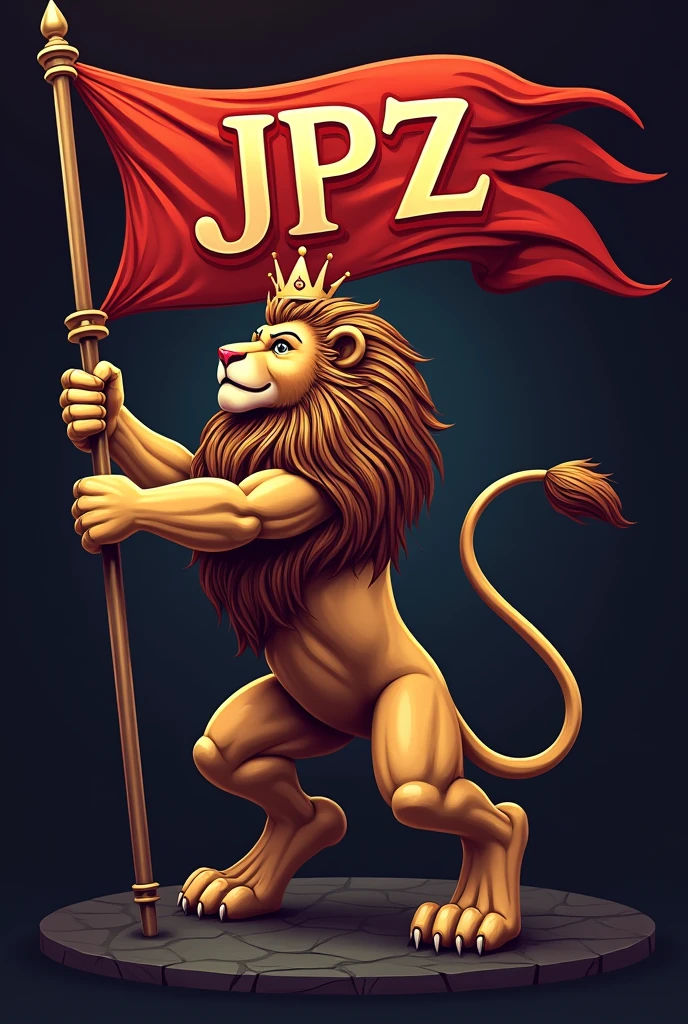 Design a logo featuring a majestic lion with a regal crown, holding a flag. The flag prominently displays the initials "JPZ" in a bold, elegant font. The lion should exude strength and nobility, while the flag and crown add a touch of grandeur and sophistication. The color scheme should be rich and vibrant, reflecting the lion's royal status and the importance of the JPZ brand.