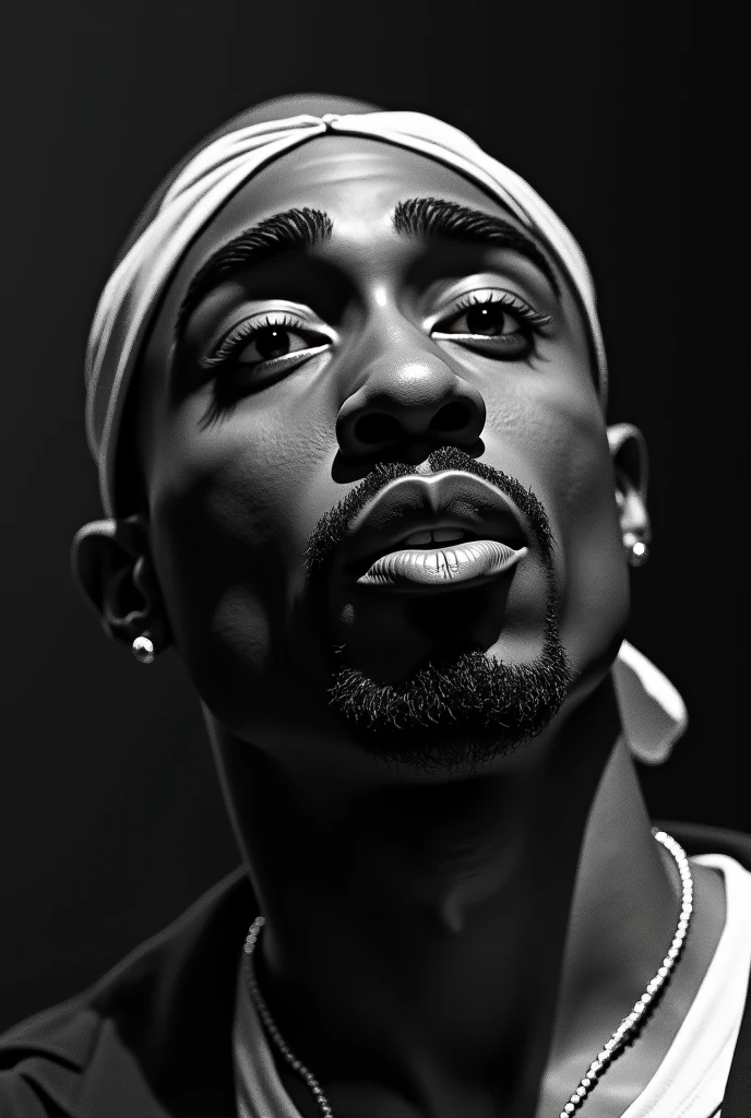 (photorealism:1.2), (((Tupac Shakur))), bald head, 25 years old, extremely accurate features, performing in a concert, black and white images, extremely detailed facial features,
Create a high-resolution close-up image of Tupac Shakur's face. Pay attention to his skin texture, facial structure, and recognizable features such as his eyebrows, nose, and lips. The image should be highly detailed and accurate, resembling a real-life photo.
Generate a photorealistic portrait of Tupac Shakur. Ensure the image captures his distinctive features, including his iconic tattoos, bandana, nose piercing, and expressive eyes. The image should have extremely high detail and accuracy, making it look like a real photograph.