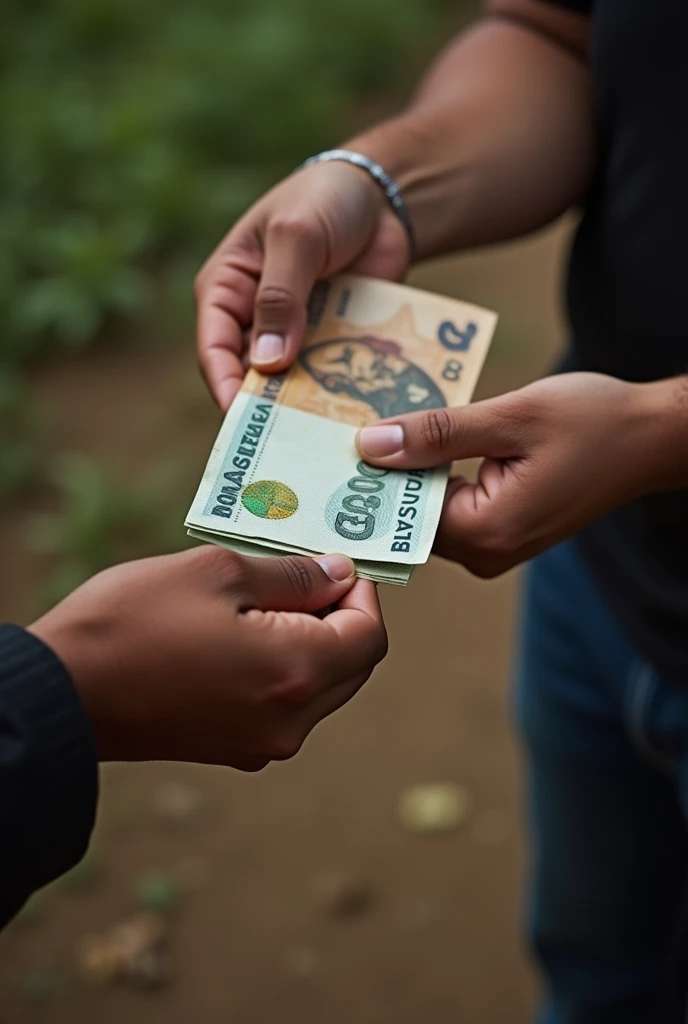 "A powerful and emotionally charged scene set in Brazil: a close-up of a hand-to-hand exchange where one person discreetly hands over Brazilian real banknotes in exchange for a vote. The background hints at a rural or urban Brazilian setting, symbolizing the pervasive issue of vote-buying and political corruption."