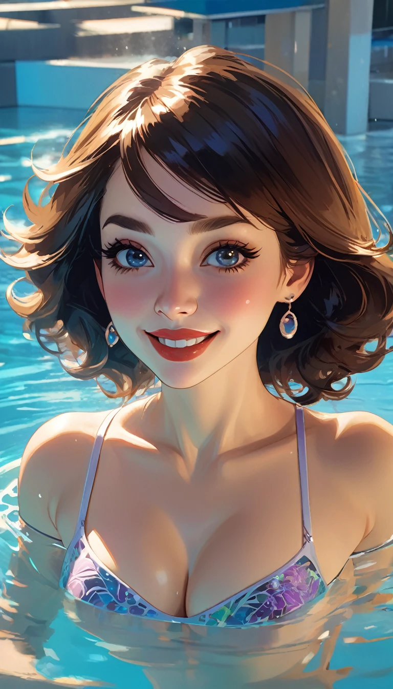 ((Top quality, 8k, Masterpiece: 1.3)), 1 woman, Beautiful girl with slim abs: 1.3, Large: 1.2, seductive pose, Swimming pool, sexy, Ultra detailed face, High detailed lips, detailed eyes, double eyelids, Smile, perfect ass(best quality,4k,8k,highres,masterpiece:1.2),ultra-detailed,(realistic,photorealistic,photo-realistic:1.37),intricate details,vivid colors,sharp focus,professional, (art inspired in Bill Sienkiewicz).