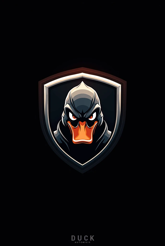 Logo of a duck inside a shield with automotive helmet and anger on a black background with the writing: "Duck automotive aesthetics" down