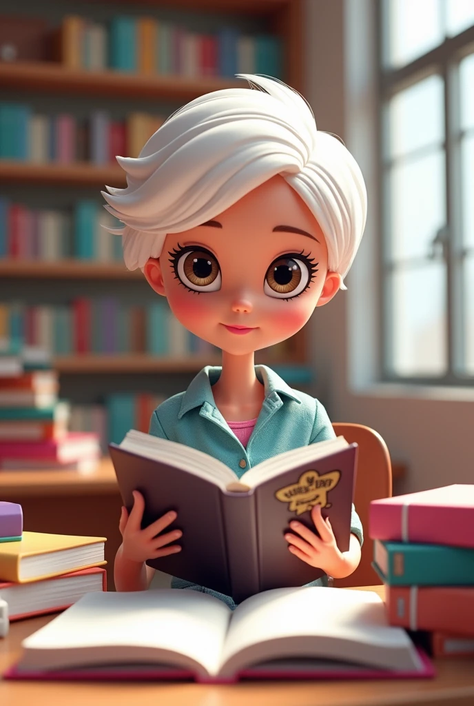 Barbie cartoon college girl with dark brown eyes, short white hair and her medical books 