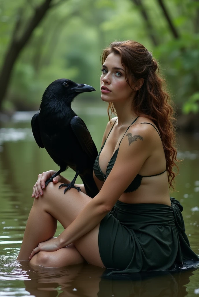 Sexy curvy witch woman with brown hair and green eyes is sitting in the forest with her raven companion. She sits in a pond with her bare feet in the water and her skirt pulled up above her knees. She is enjoying touching herself in the water. Her big doe eyes are relaxed and her lips are parted.