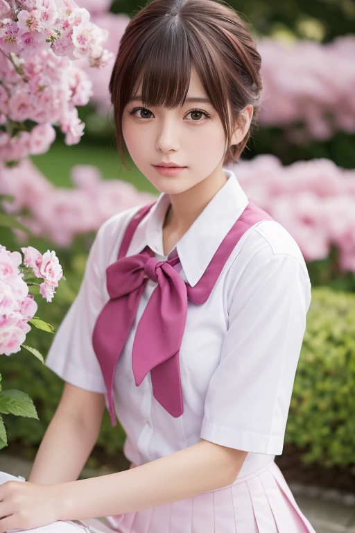 (Highest quality、4K、8k、High resolution、masterpiece:1.2)、Very detailed、(Genuine、Realistic、Realistic:1.3)、Japanese high school girl with pink pixie cut、uniform、White shirt、Nakano Ichika