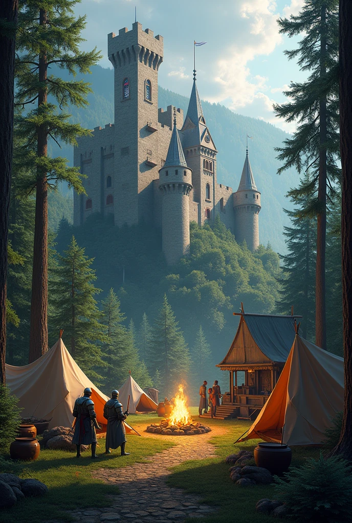 A cozy castle in the big forest with campfire and huts as well as tents and knights