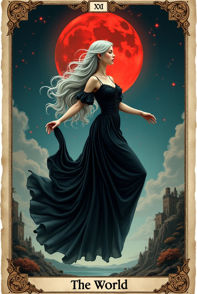 a card, intricate detailed tarot card illustration, tarot card, tarot card the word, card header with text "XXI", card footer with text "The World", text font style medieval, silver hair goddess in black Victoria dress, floating in the sky, (infinity symbol on the moon), blood moon, red light, soft focus, cinematic lighting, dramatic shadows, vivid colors, rich color palette, mystical landscape, gothic style card