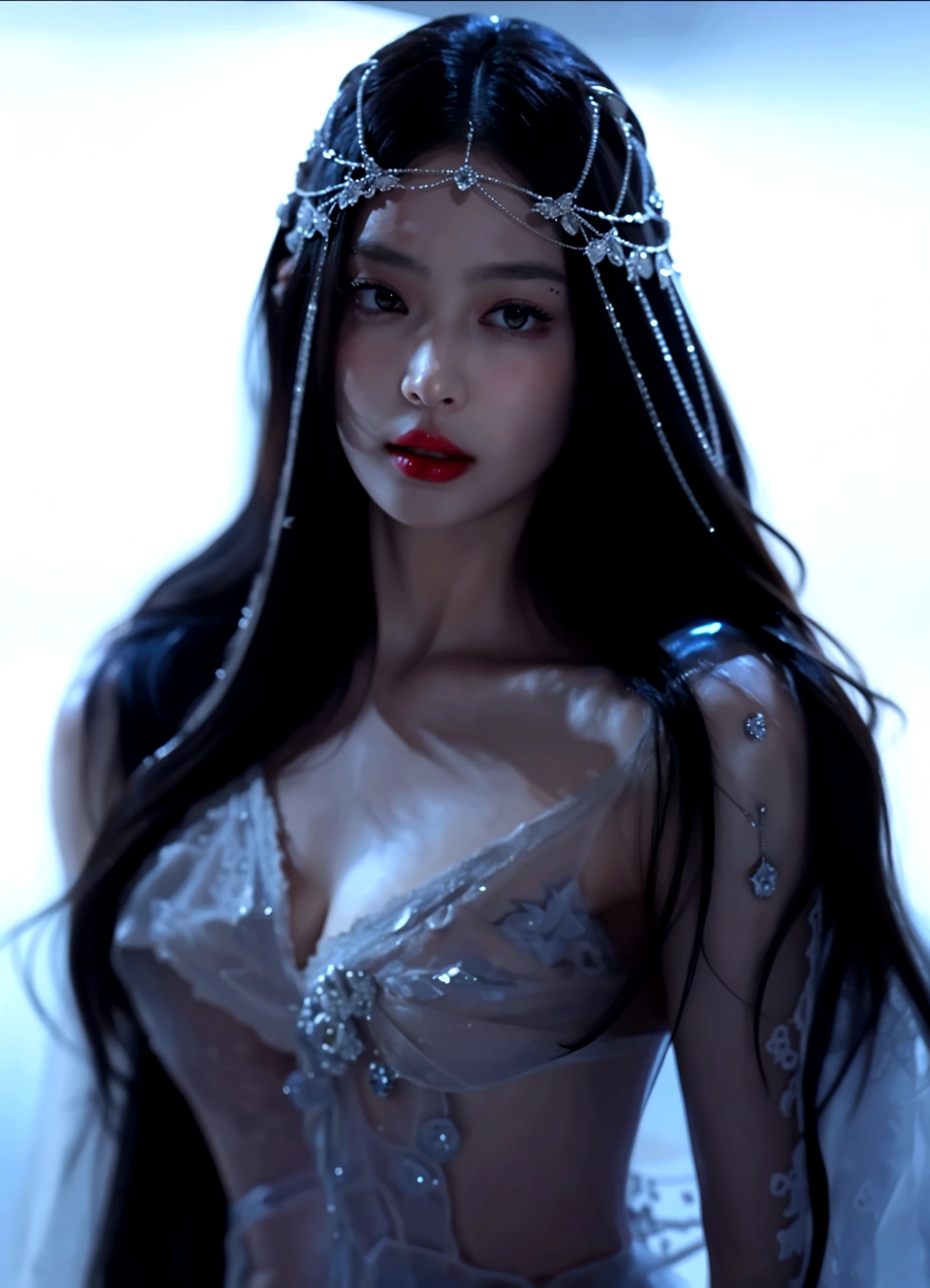 Royal Princess,Very detailed, Delicate face, stock photography , Portrait 400, F1 camera lens.6, rich and colorful, Surrealism, Realistic textures, dramatic lighting, Thin Film Still 800 (8k, original photo, better quality, masterpiece: 1.2), Very detailed, (Skin is extremely delicate: 1.2), 8k ultra high definition, DSLR camera, Soft Light, high quality.Fire Queen,blue pupils,Apply red lipstick,Have a tattoo,The tattoo is very three-dimensional,Gorgeous and intricate tattoo designs,8k 照片,Large Breasts,Dark eyeshadow,Sexy thick lips(red lipstick),Ice Princess,The facial features are very three-dimensional,Gorgeous and exquisite crystal diamond lace wedding dress,silver armor,Exquisite and gorgeous silver jewelry,Cosmic shining diamond gem,Ultra-clear portrait,Very exquisite and gorgeous jewelry,Show your back