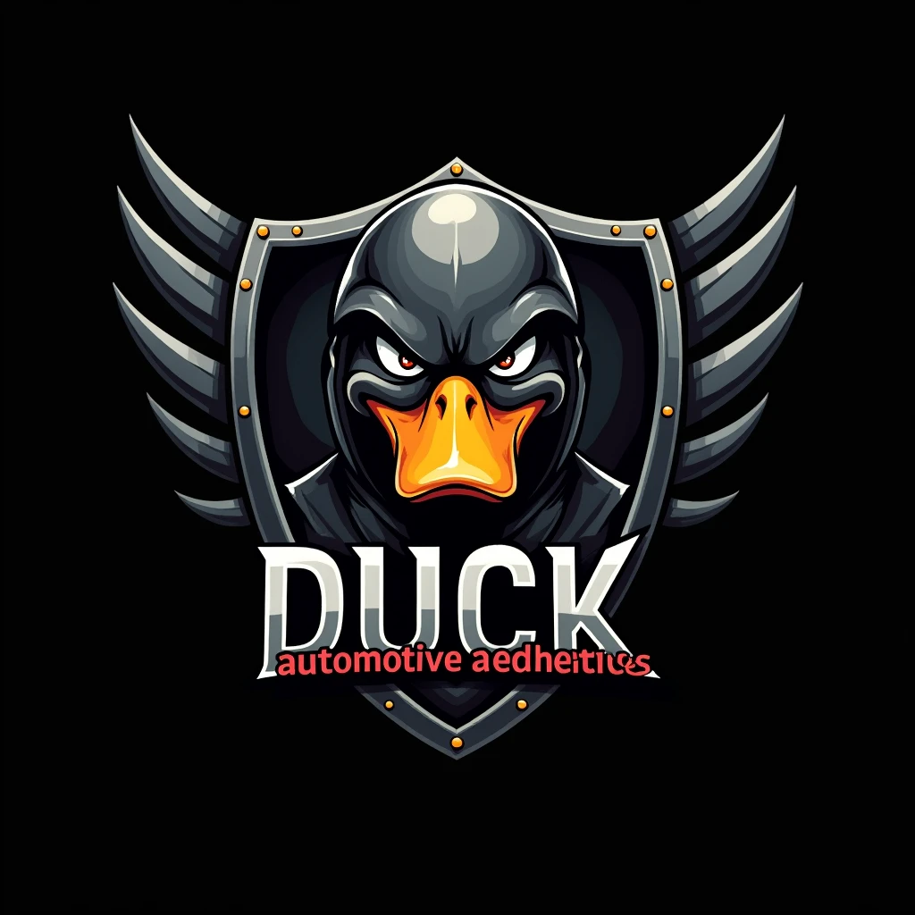 Logo of a duck inside a shield with automotive helmet and anger on a black background with the writing: "Duck automotive aesthetics" down
