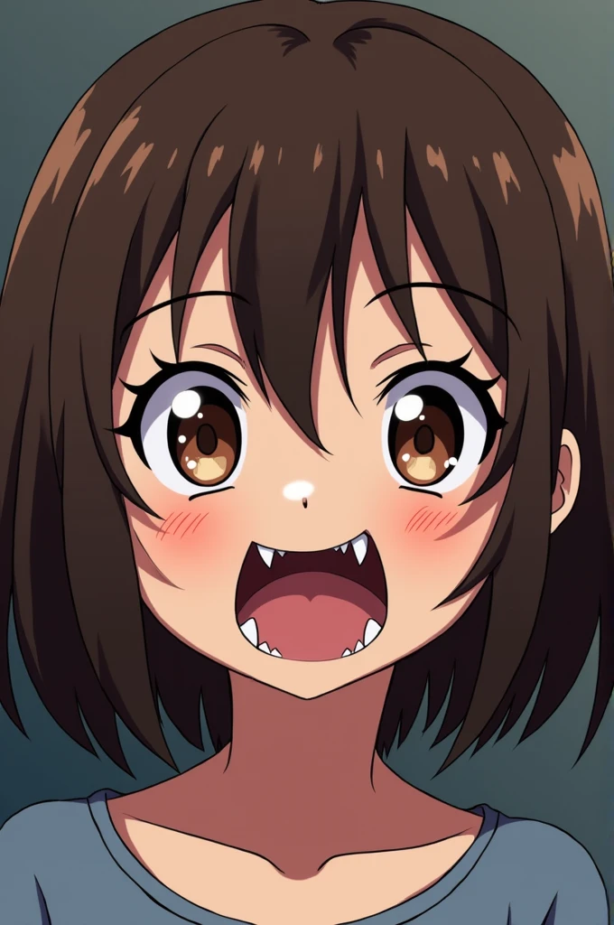 Girl with brown hair in anime style showing sharp teeth 