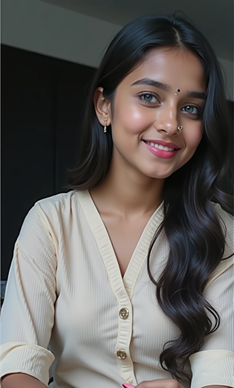 beautiful Indian girl wearing light beige saree red (taking care of nails in a modern beauty salon), very detailed, 21 years old, innocent face, natural black hair, blue eyes, high resolution, masterpiece, best quality, intricate details, highly detailed, sharp focus, detailed skin, realistic skin texture, texture, detailed eyes, professional, 4k, charming smile, shot on Canon, 85mm, shallow depth of field, kodak vision color, perfect fit body, extremely detailed, foto_\(ultra\), photorealistic, realistic, post-processing, maximum detail, roughness, real life, ultra realistic, photorealism, photography, 8k uhd, photography