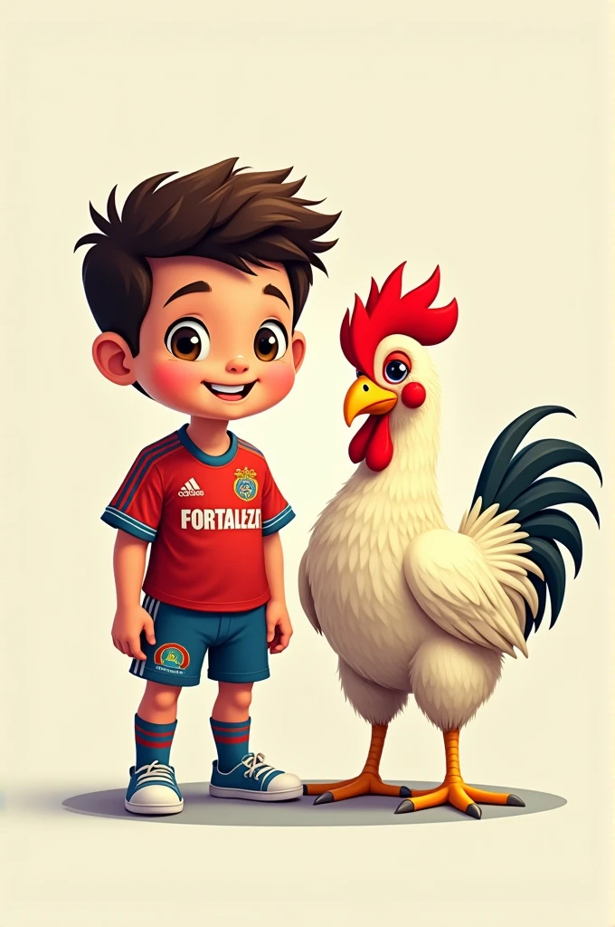 cartoon drawing of a boy with a chicken dressed in a Fortaleza shirt