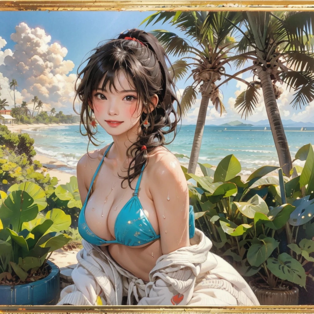 ((highest quality, masterpiece, High resolution)), ((reality)),Photos of beautiful Japanese women,((anime art))、 (((1 girl))), normal size breasts, slim body shape, long ponytail,double eyelid, Wet see-through micro bikini, A pareo with bold ethnic patterns and plenty of primary colors、(Brown skin:1.4),realistic skin、Wet,whole body,cinematic light、tropical、Against the background of palm trees on both sides、on a sunny beach、With the sea in the background、blur background、smile