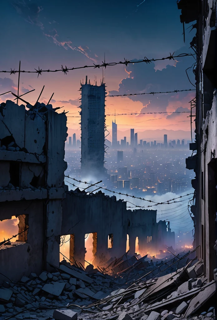 Destroyed city ruins, tall concrete wall with barbed wire, smog, skyscrapers in the distance, big deep sky, at night