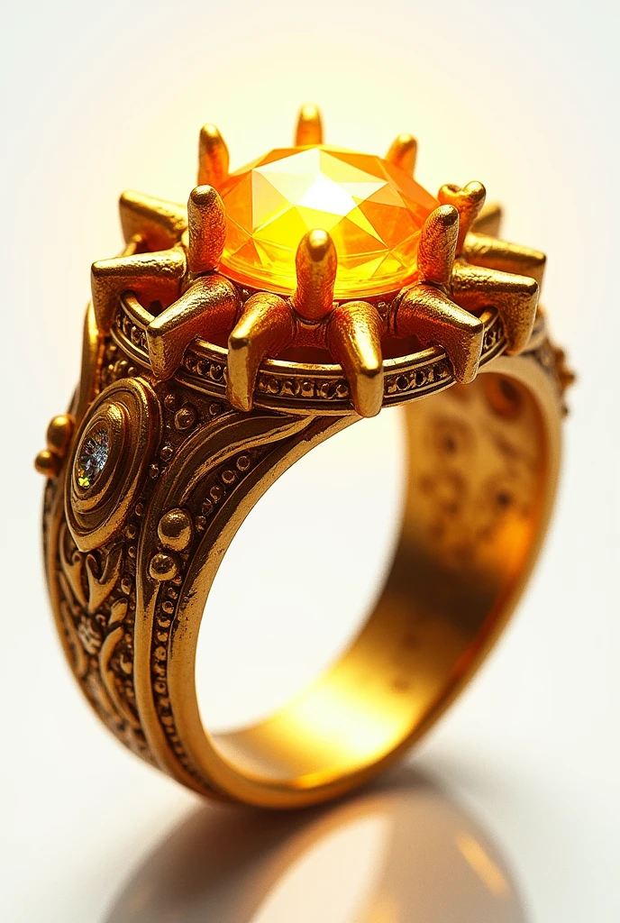 "A close-up of a golden ring with a sun-shaped gemstone, glowing in sunlight, on a hand making a fist."
"A fantasy blacksmith crafting a magical ring, infused with sunlight, in a dark forge."
"A detailed illustration of a golden ring with a diamond, surrounded by sun rays, on a white background."