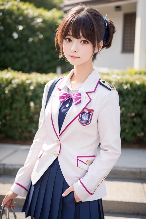 (Highest quality、4K、8k、High resolution、masterpiece:1.2)、Very detailed、(Genuine、Realistic、Realistic:1.3)、Cosplay、Japanese high school girl with pink pixie cut、uniform、White shirt、Navy blue jacket Nakano Ichika