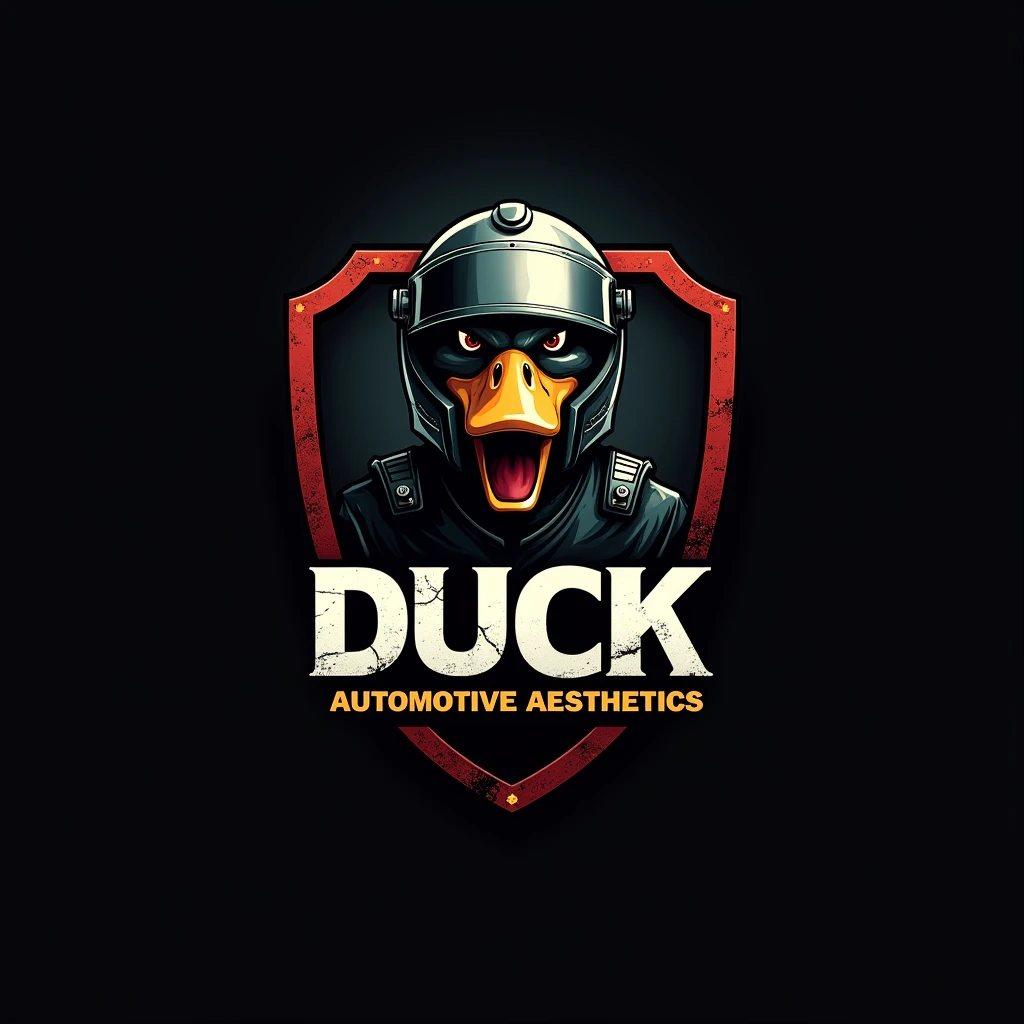 Logo of a duck inside a shield with automotive helmet and anger on a black background with the writing: "Duck automotive aesthetics" down