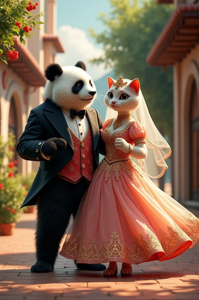 Now there is a Zeybek dance in Turkey. I want you to draw a male panda with a groom's suit and a female cat with a wedding dress playing this game.. The female cat should be veiled and her head should be covered