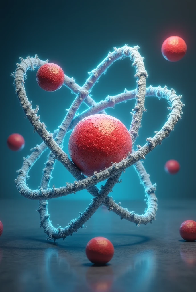 Zoom in on the atom, revealing that he is made of three characters: Proton (positive, color red), neutron (neutral, gray color) e Electron (Neg, blue color). Proton is smiling and full of energy. neutron parece calmo e equilibrado. Electron is running around them.