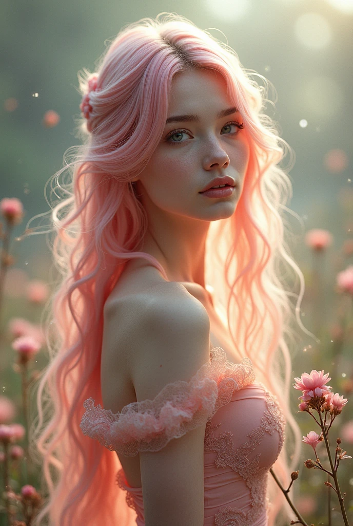 A beautiful young woman with long, flowing pink hair, delicate facial features, and a serene expression. She is wearing a flowing, ethereal dress and standing in a peaceful, nature-inspired setting with soft lighting. The image should have a dreamlike, fantasy-inspired aesthetic, hatching (texture), close-up, f/2.8, Sony FE GM, caustics, overexposure, bokeh, high details, high quality, anatomically correct, accurate, masterpiece, retina