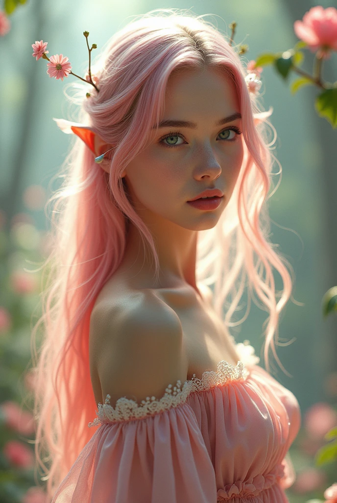 A beautiful young woman with long, flowing pink hair, delicate facial features, and a serene expression. She is wearing a flowing, ethereal dress and standing in a peaceful, nature-inspired setting with soft lighting. The image should have a dreamlike, fantasy-inspired aesthetic, hatching (texture), close-up, f/2.8, Sony FE GM, caustics, overexposure, bokeh, high details, high quality, anatomically correct, accurate, masterpiece, retina