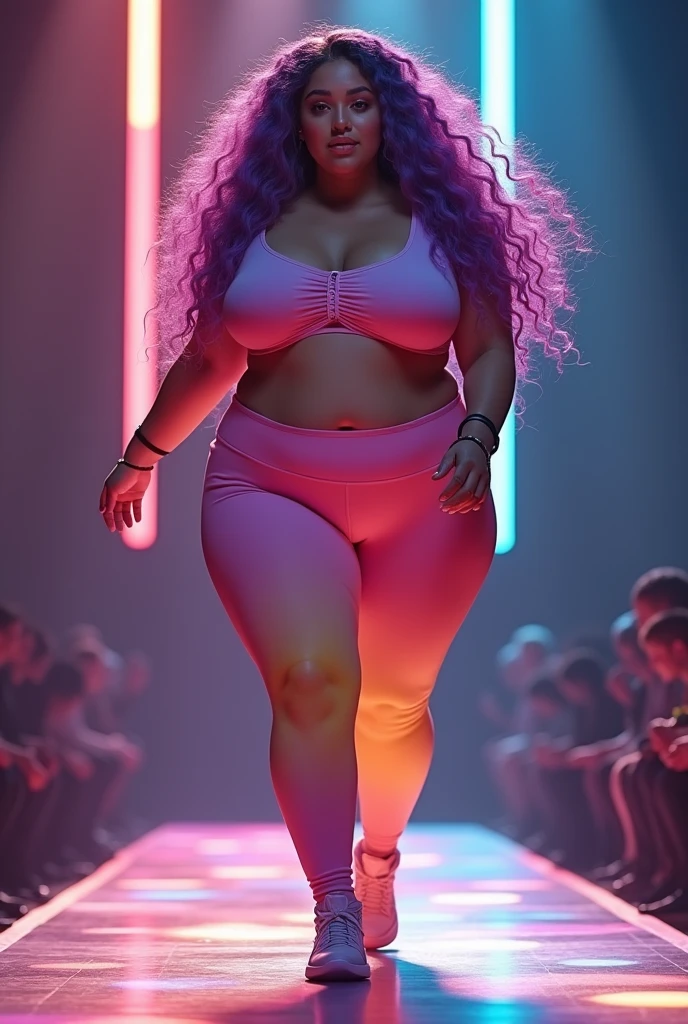 Very large bust, chubby girl, purple and pink long wavy hair, hazel eyes, color gradient vivid rainbow skin tight yoga pants on a catwalk, very detailed very beautiful,