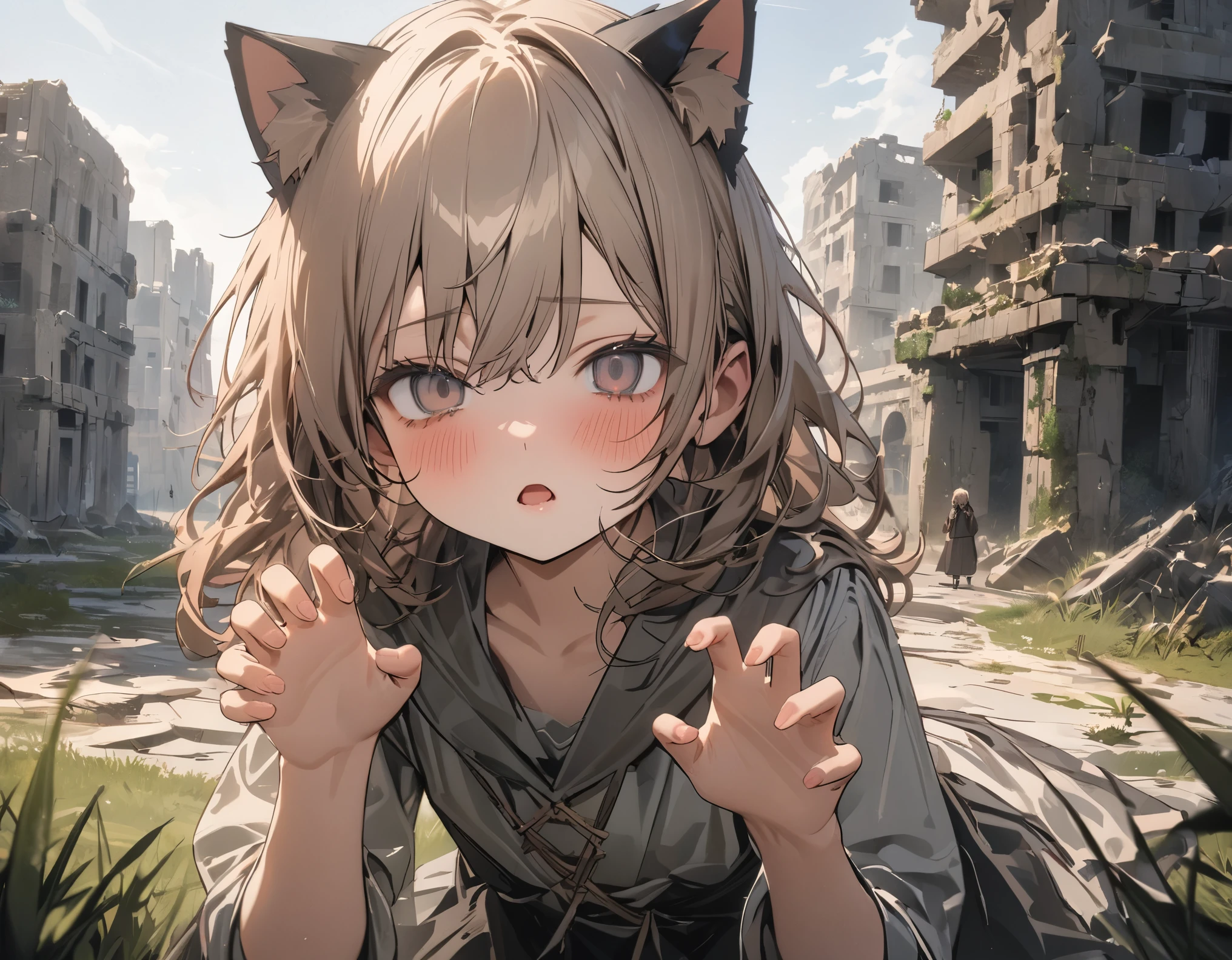 ((Masterpiece)), ((best quality)), ((wide shot)), (super detail:1.2), (High Definition:1.3), ((extremely detailed)), (8K), (Professional Photography:1.2), (very aesthetic:1.2), (absurdres:1.2), (sharp focus), (perfect light), ((kawaii)), (drop shadow), ((1girl)), (()), ((Clothes like a pagan guru)), (Cute innocent teenage girl), slendar body, small chest, ((claw pose)), very messy medium hair, ((Clothes like a evil black)), blush and sad, open mouth, cat ears, pale brown hair, (vacant eyes), (the Decaying ancient ruins cityscape), Grass is thriving, (Beautiful and clear waterside), (cute cheeks), glossy lips, pouty lips, bags under the eyes, (lower eyelashes), (detailed background:1.2), newest,clear line,