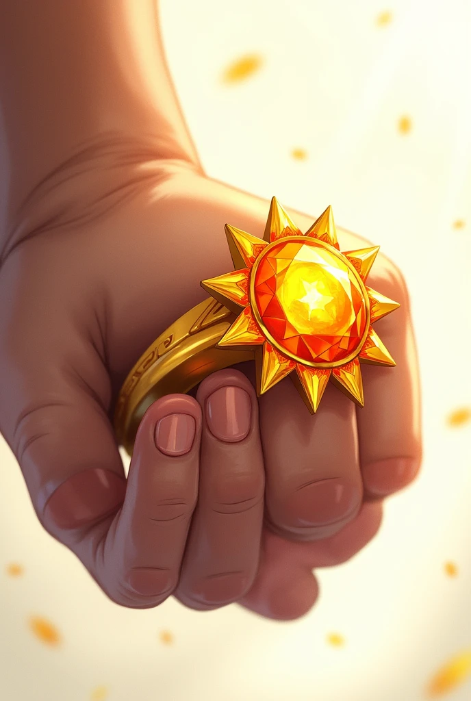 "A close-up of a golden ring with a sun-shaped gemstone, glowing in sunlight, on a hand making a fist."

"A detailed illustration of a golden ring with a diamond, surrounded by sun rays, on a white background."
