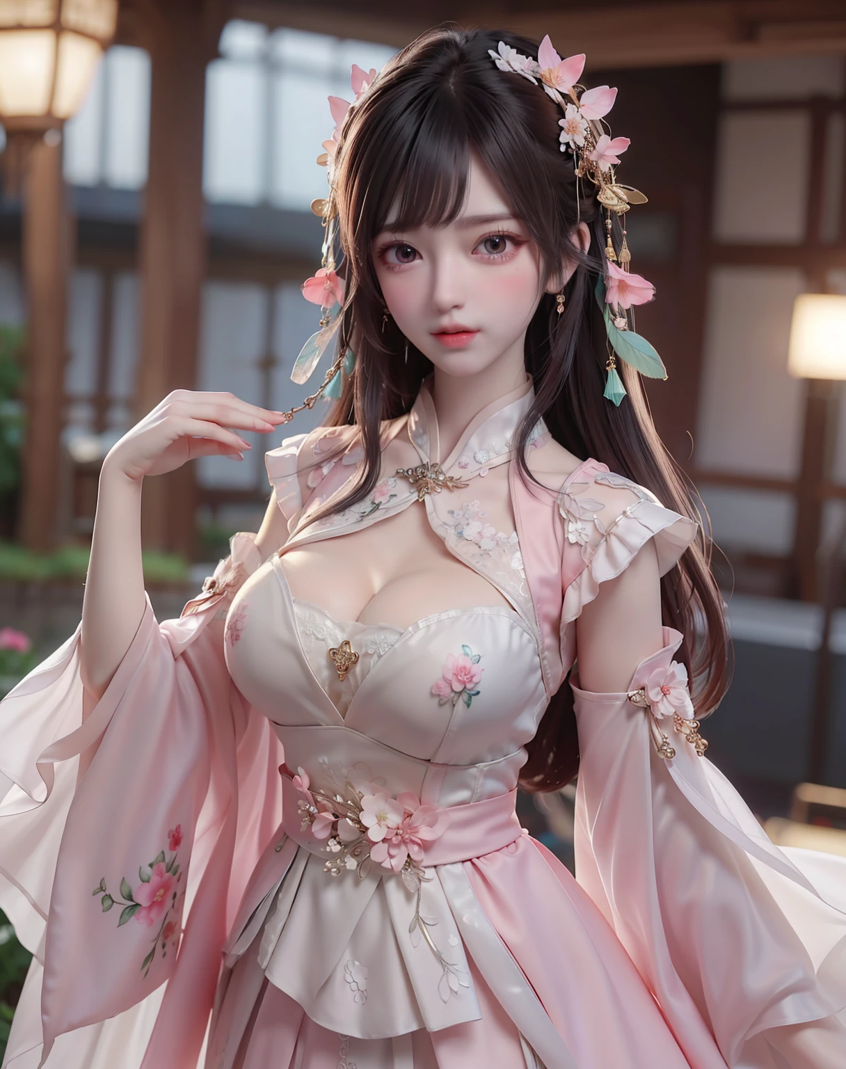 (8k, RAW photo:1.2), best quality, ultra high res,dramatic angle,(fluttered detailed color splashs), (illustration),(((1 girl))),(long hair),(rain:0.9), (Headdress:1.4),There is an ancient palace beside the girl,Hanfu,(Key Points),Color ink painting,(Splash of Color),Splash of Color,(((colorful))),(sketch:0.8) , Masterpiece, best quality, beautiful painted, highly detailed,(denoising:0.6),[splash ink],((ink refraction)), (beautiful detailed sky),moon,highly,detaild,(masterpiece, best quality, extremely detailed） CG Unity 8k Wallpaper，masterpiece，best quality，Ultra Detailed），（Lycoris）. hanfu open v open V-chested clothes Thin silk lace dress , (huge ，cleavage),, white pink and gren，best qualtiy，tmasterpiece，Ultra-high resolution，（Reality：1.4），RAW photogr，（True skin texture：1.3），（filmgrain：1.3），（Selfie angle），1个Giant Breast Girl，Beautiful eye and face details，tmasterpiece，Best quality at best，，The chest more exposed， detailed hair, brapurple , detail 8k, upper body, lace petticoat