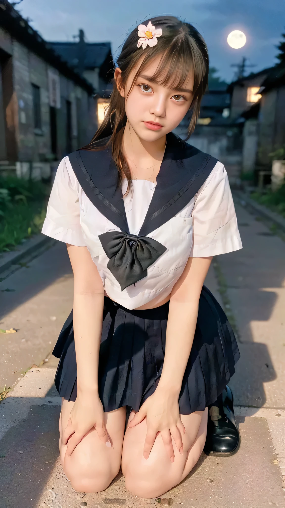 masterpiece, highest quality, realistic, RAW photo, Digital single-lens reflex camera, ((1 person)), Beautiful Japan girl at 18 years old, shiny fair skin, Realistic beautiful make-up face, realistic and beautiful eyes, double eyelid, (((anxiety, frightened eyes:1.3, fear, nervous:1, tears, cry:1.4, afraid))), (The most detailed shiny black hair and bangs), (((ponytail hair))), slim body shape, slim face, slim waist, (((H cup, large breasts))), ((serafuku)), (((Japanese student indigo sailor suit, summer clothes, pleated mini skirt:1.2, black sox:1.2, brown loafer shoes:1.2, white panty:1.2, black skirf:1.2))), Leaving school, ((kneel down pose:1.2)), (((quarry, moon light))), (((dark night))), ((foggy)), realistic shadow, Depth of bounds written, The best delicate and beautiful photos, ultra high resolution, 8K UHD Wallpapers, nsfw, upper half body