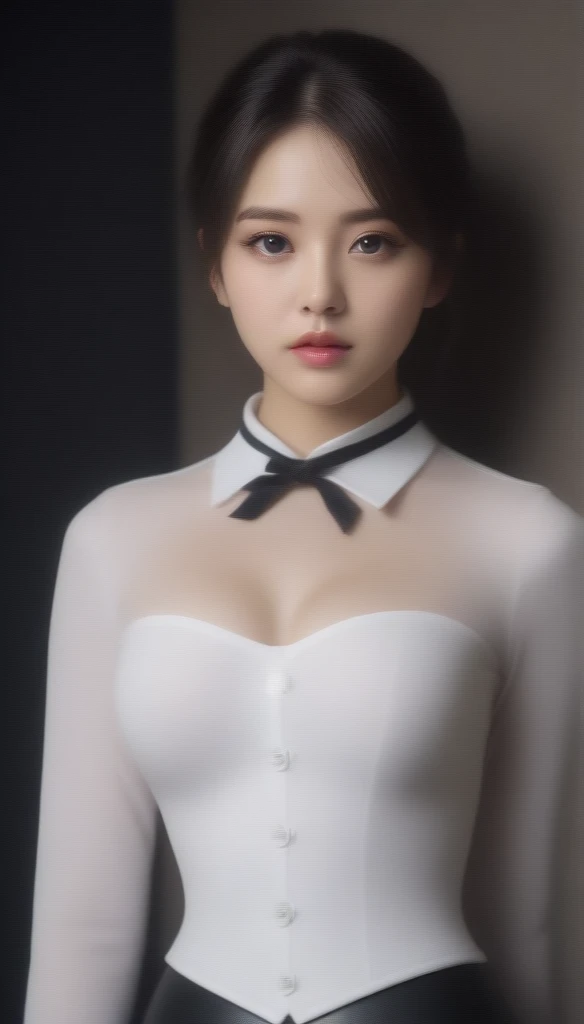 8k, Ultra-high resolution, Highest quality, masterpiece, Rule of thirds photograph,surreal, photograph, 1 Girl, (:1.3), pretty girl, Cute face, Beautiful eyes in every detail, Detailed,masterpiece,One Girl:1.2, Japan Female Announcer, whole body,Front view, Are standing, Perfectly drawn body, Embarrassed look, Pale skin, Beautiful Face, Short black hair, 4K eyes, Very fine grain, Pink Cheeks, choker:1.6, (White long sleeve button down shirt with white collar), Black gloves, Gloves to cover your hands, (Black leather corset), (shiny black leggings), sensual lips , Winter Night, Showing detailed eyes, Looking at the audience, Elegant Room,Beautiful leg line beauty,Looking at the audience、beauty,Long neck、(((Ideal body type))),A cup small breasts :2,、Portraiture:2、Perfect Anatomy、Vividly detailed、detailed、surreal、Light and shadow,Strong light