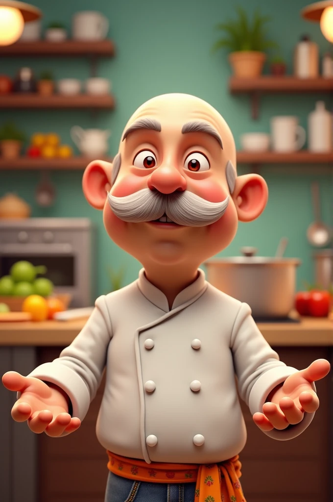 Animated 55-year-old chef with no hair and a mustache 
