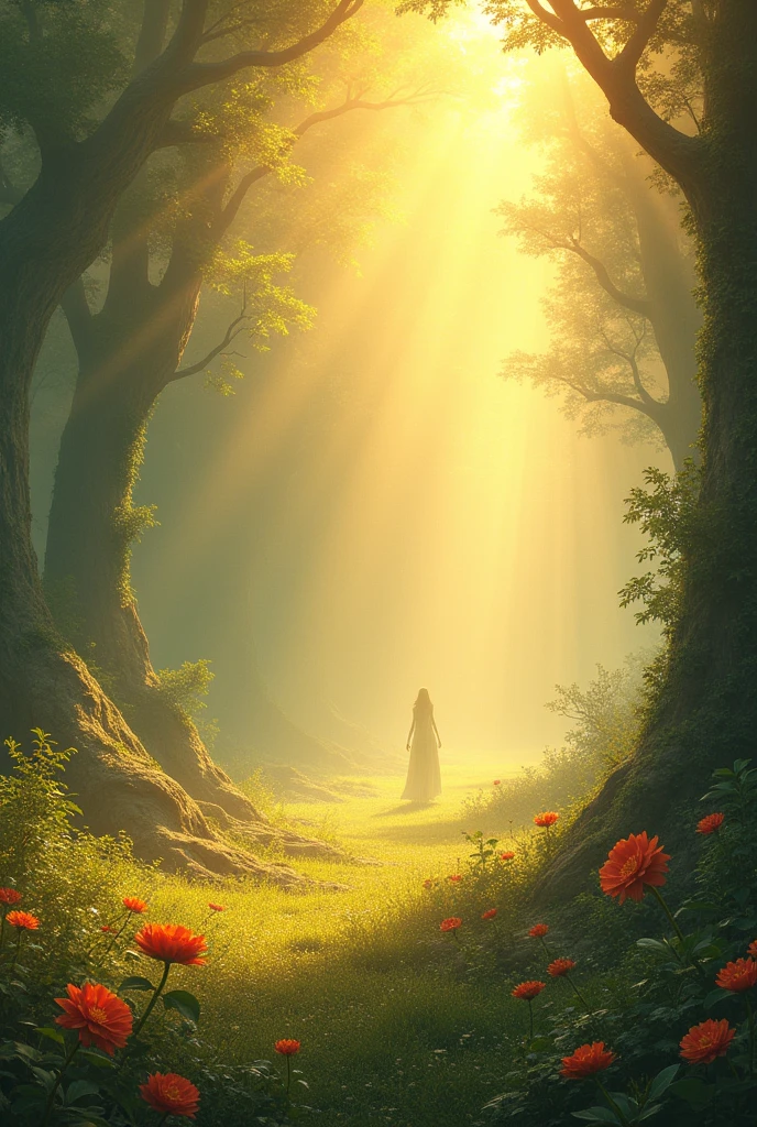 This world is covered with the scent of flowers, heavenly music and treasures, yellow light, vast without people , more widely