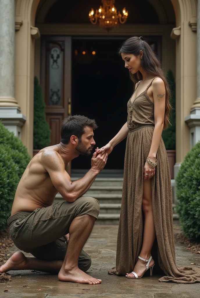 Creates a 4k image of a poor 25 year old man,he was covered in mud with torn and rotten clothes, and barefoot without shoes, and on your knees, kissing the hand of a rich girl who wore fancy clothes and high heel sandals with her hair well done she was a millionaire ,at the door of your mansion,the image must be the size of Tiktok images,the image as real as possible