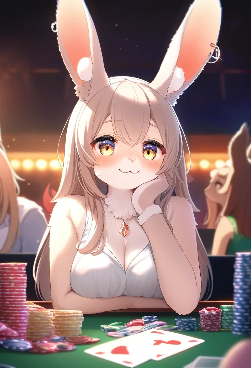 ((Masterpiece)), ((Best Quality)), (Very Detailed), ((Very Detailed)), 4K, (8K), very aesthetic, absurdres highres, 1 girl, (anthropomorphic Rabbit, furry, kemono:1.5), A female player with a complicated expression on her face at a poker table in a casino. Warm lighting illuminates her face, and bright cards and chips are lined up on the table. While the audience watched nervously, she was concentrating. ,The female player wears a silver dress and dangles diamond earrings. The cards are lined up neatly on the table, and the chips are stacked high. Some people in the audience have cocktails in hand and others are watching the game while talking with friends.