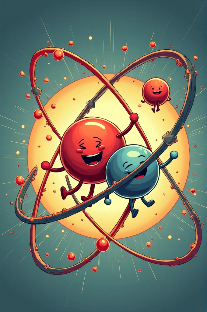 Zoom in on the atom, revealing that he is made of three characters: Proton (positive, color red), neutron (neutral, gray color) e Electron (Neg, blue color). Proton is smiling and full of energy. neutron parece calmo e equilibrado. Electron is running around them.
Comic Book From emotions and faces to them legs and arms too