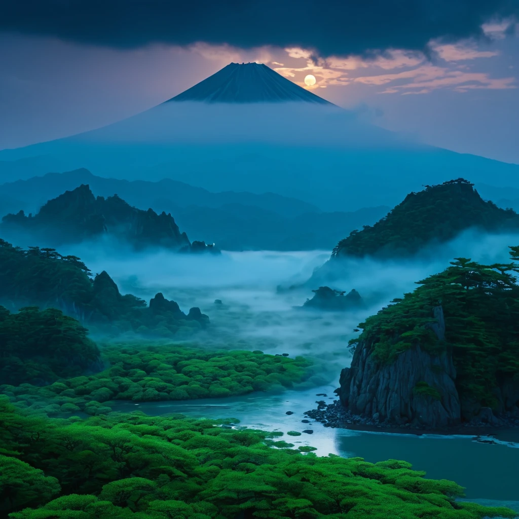 Island of the Gods, amazing scenery, otherworldly morning, mystical and calm feeling, heroic, magnificent, good morning, ancient Japan, emerging from the darkness, wishing for world peace. ((Best quality, 8K, masterpiece: 1.3))