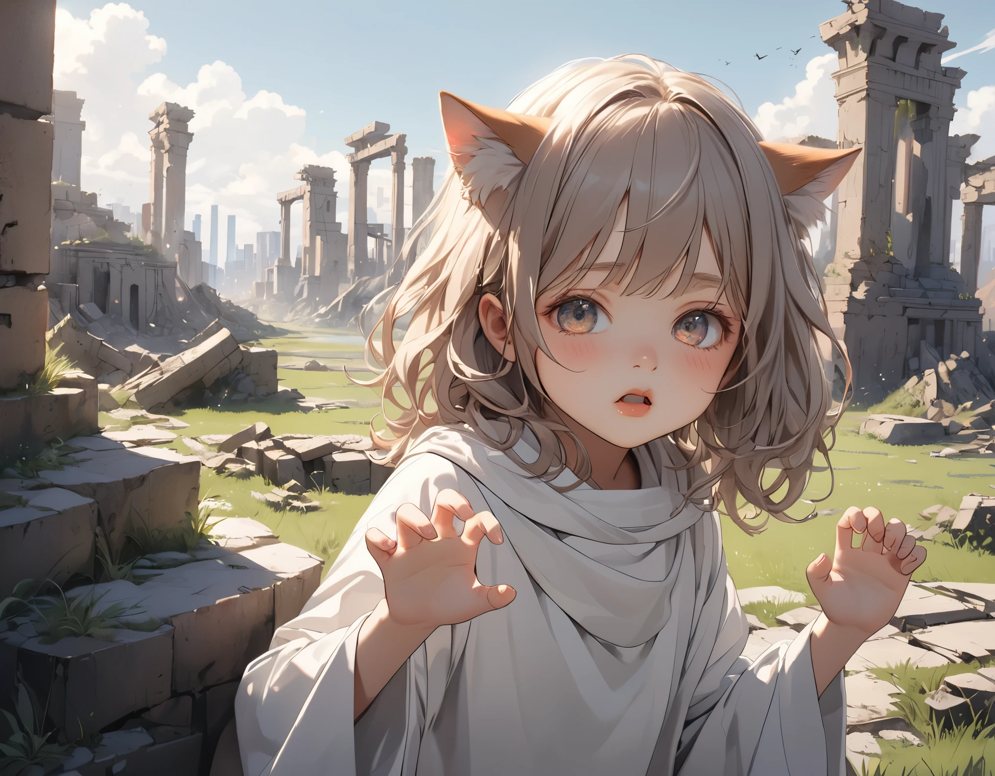 ((Masterpiece)), ((best quality)), ((wide shot)), (super detail:1.2), (High Definition:1.3), ((extremely detailed)), (8K), (Professional Photography:1.2), (very aesthetic:1.2), (absurdres:1.2), (sharp focus), (perfect light), ((kawaii)), (drop shadow), ((1girl)), ((12 years old)), ((Clothes like a pagan guru)), (Cute innocent teenage girl), slendar body, small chest, ((claw pose)), very messy medium hair, ((Clothes like a evil black)), blush and sad, open mouth, cat ears, pale brown hair, (vacant eyes), (the Decaying ancient ruins cityscape), Grass is thriving, (Beautiful and clear waterside), (cute cheeks), glossy lips, pouty lips, bags under the eyes, (lower eyelashes), (detailed background:1.2), newest,clear line,