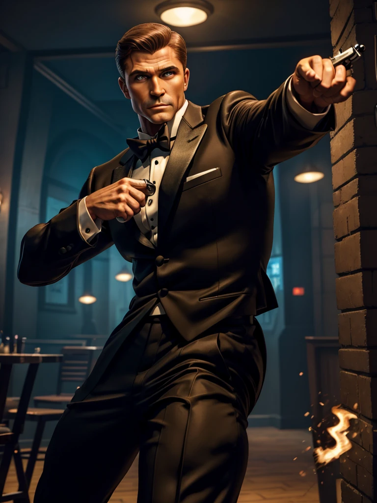 Fox Comedy Character Archer (secret agent in a tuxedo, drunk, brash, handsome, carelessly wielding a pistol), striking an almost dashing pose. 'ARCHER' written in the background