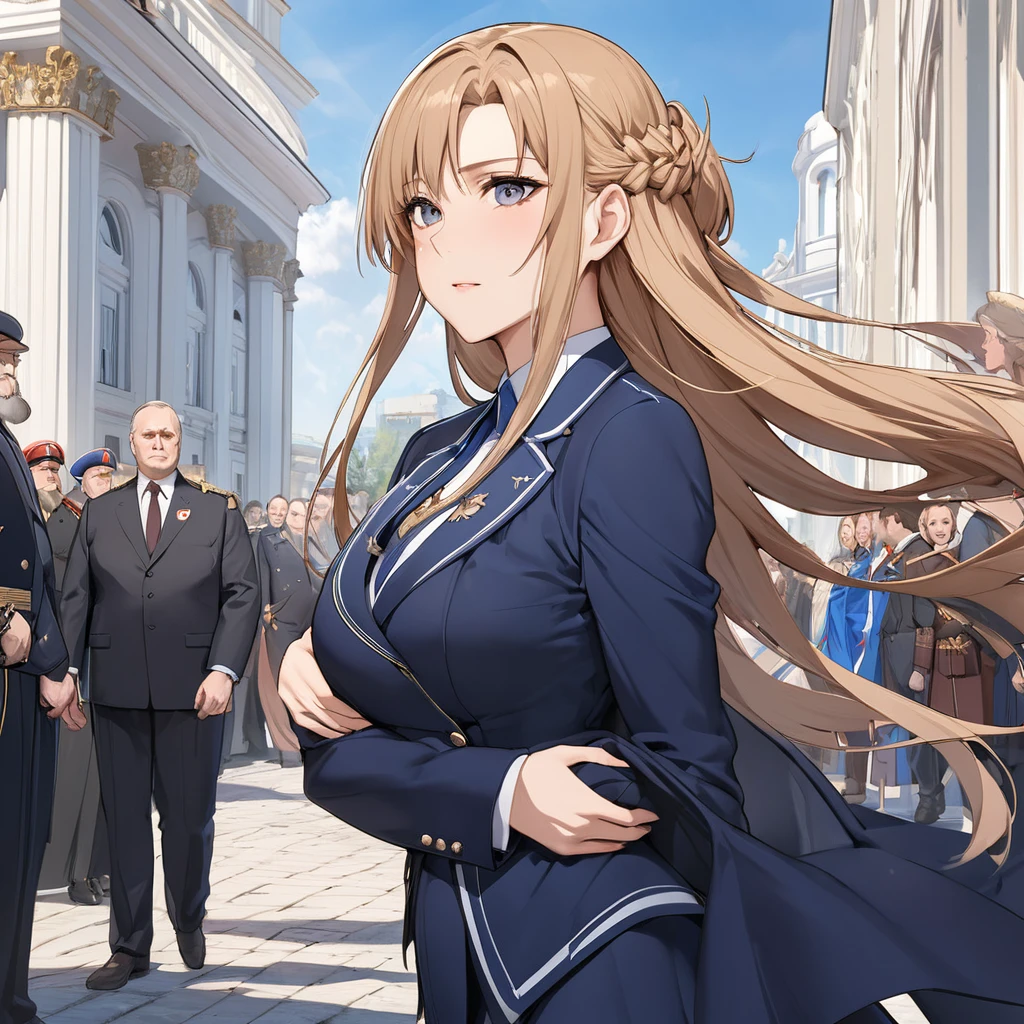 ((Highest quality)), ((masterpiece)), (detailed), （Perfect Face）、The woman is Yuuki Asuna, a Russian with light brown, semi-long hair.、The woman is a member of the United Russia party and is beautifully dressed in a suit and lavish accessories.、She is a United Russia member who is dedicated to the cause of a great United Russia, and she deeply respects and worships the leader of the Great Russian Party, a United Russia supremacist.、As the secretary and mistress of a high-ranking official of the great United Russia, the woman wholeheartedly devotes herself to serving, embracing, accompanying, and following him, working for the great Russia.