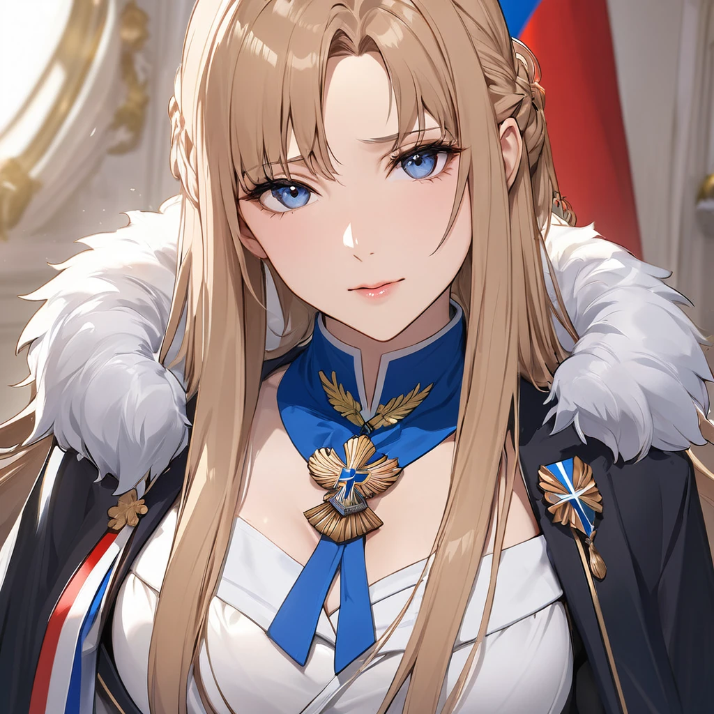 ((Highest quality)), ((masterpiece)), (detailed), （Perfect Face）、The woman is Yuuki Asuna, a Russian with light brown, semi-long hair.、The woman is a member of the United Russia party and is beautifully dressed in a suit and lavish accessories.、She is a United Russia member who is dedicated to the cause of a great United Russia, and she deeply respects and worships the leader of the Great Russian Party, a United Russia supremacist.、As the secretary and mistress of a high-ranking official of the great United Russia, the woman wholeheartedly devotes herself to serving, embracing, accompanying, and following him, working for the great Russia.