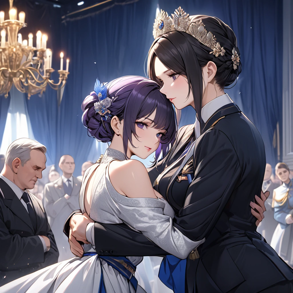((Highest quality)), ((masterpiece)), (detailed), （Perfect Face）、The woman is Shinobu Kocho, a Russian with black hair in a purple gradient bob style, tied up in a formal evening hairstyle.、The woman is a member of the United Russia party and is beautifully dressed in a suit and lavish accessories.、She is a United Russia member who is dedicated to the cause of a great United Russia, and she deeply respects and worships the leader of the Great Russian Party, a United Russia supremacist.、As the secretary and mistress of a high-ranking official of the great United Russia, the woman wholeheartedly devotes herself to serving, embracing, accompanying, and following him, working for the great Russia.