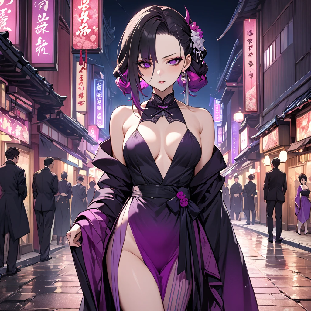 ((Highest quality)), ((masterpiece)), (detailed), （Perfect Face）、The demon woman is Shinobu Kochou, with black bob hair with purple gradation at the ends, styled in a formal evening hairstyle.、The woman is an evil man-eater and wears revealing clothing、A deserted area of the nightlife district during the Taisho period in Japan、Demon slayer