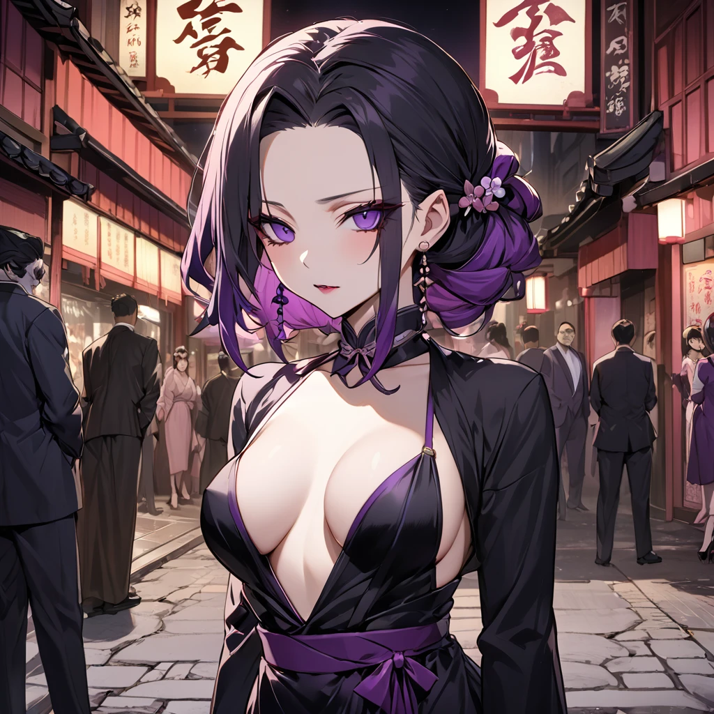 ((Highest quality)), ((masterpiece)), (detailed), （Perfect Face）、The demon woman is Shinobu Kochou, with black bob hair with purple gradation at the ends, styled in a formal evening hairstyle.、The woman is an evil man-eater and wears revealing clothing、A deserted area of the nightlife district during the Taisho period in Japan、Demon slayer