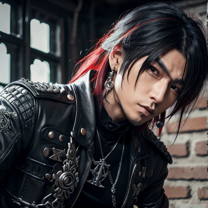 1 man, male, Japanese man, Visual Kai hairstyle, ultra detailed face and body, hyperrealistic, realistic representation, muscular, broad shoulders, tattoos gothic style, piercings, Visual Kei style, hairstyle Visual Kei, black, long hair, 30 years old, age 30, outfit gothic streampunk, men's shirt and black pants, Asian eyes, eyes Asian, long hair, long hair