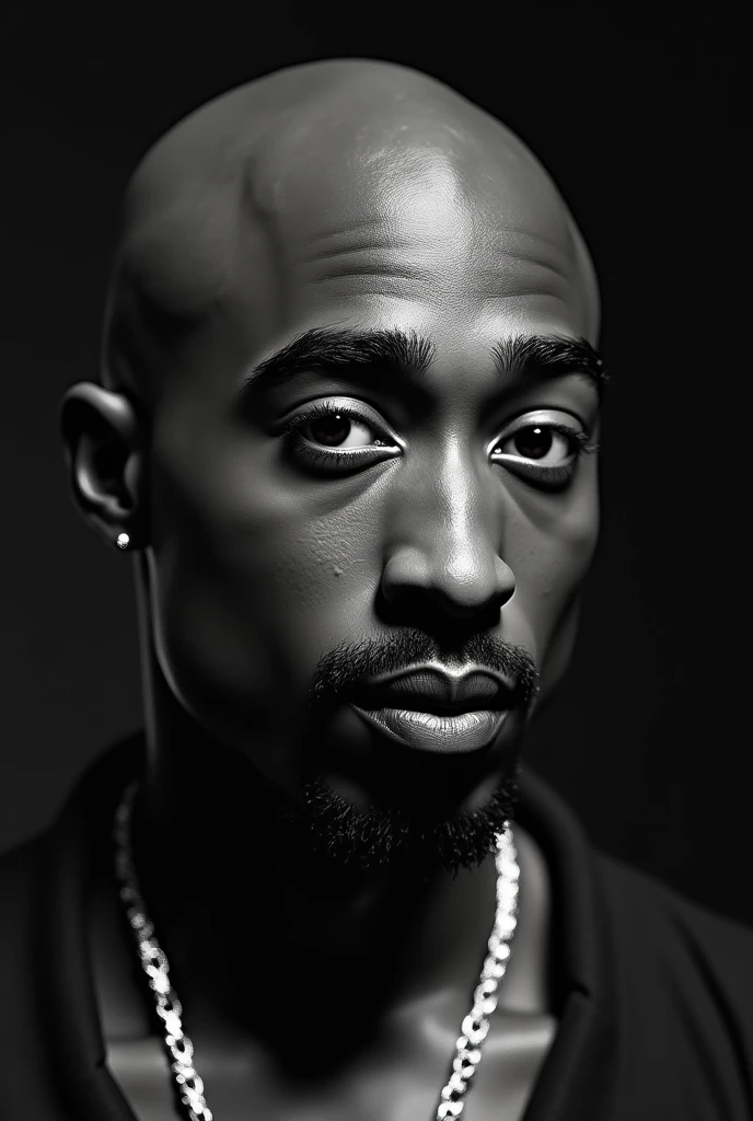 (photorealism:1.2), ((Tupac Shakur)), bald head, 25 years old, extremely accurate features, performing in a concert, black and white images, extremely detailed facial features,

Create a high-resolution close-up image of Tupac Shakur's face. Pay attention to his skin texture, facial structure, and recognizable features such as his eyebrows, nose, and lips. The image should be highly detailed and accurate, resembling a real-life photo.
   
