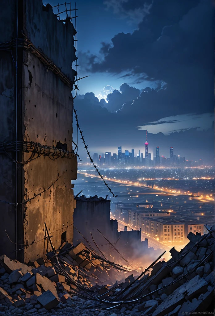 Destroyed city ruins, tall concrete wall with barbed wire, smog, skyscrapers in the distance, big deep sky, at night