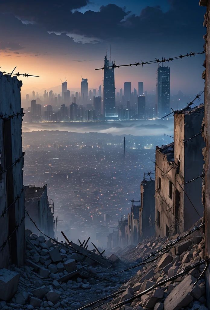 Destroyed city ruins, tall concrete wall with barbed wire, smog, skyscrapers in the distance, big deep sky, at night