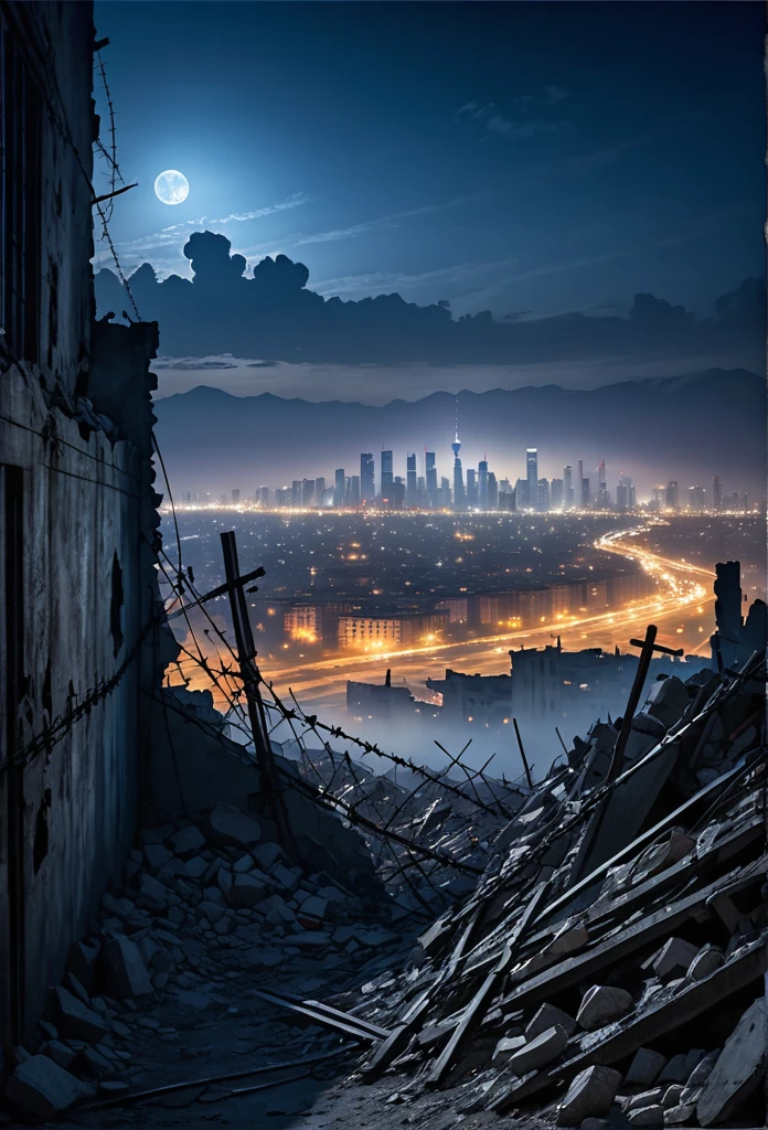 Destroyed city ruins, tall concrete wall with barbed wire, smog, skyscrapers in the distance, big deep sky, at night