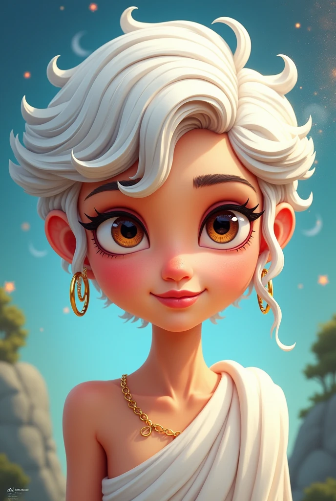 Greek goddess cartoon short white hair dark brown eyes