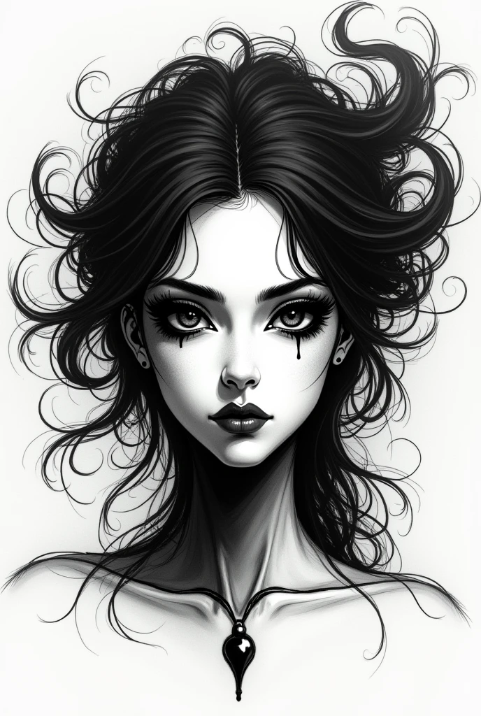 woman, noir, sketch, アニメ, open hair, mystical, arcane. Deity, black-and-white, only face, close from the front, plain , outline